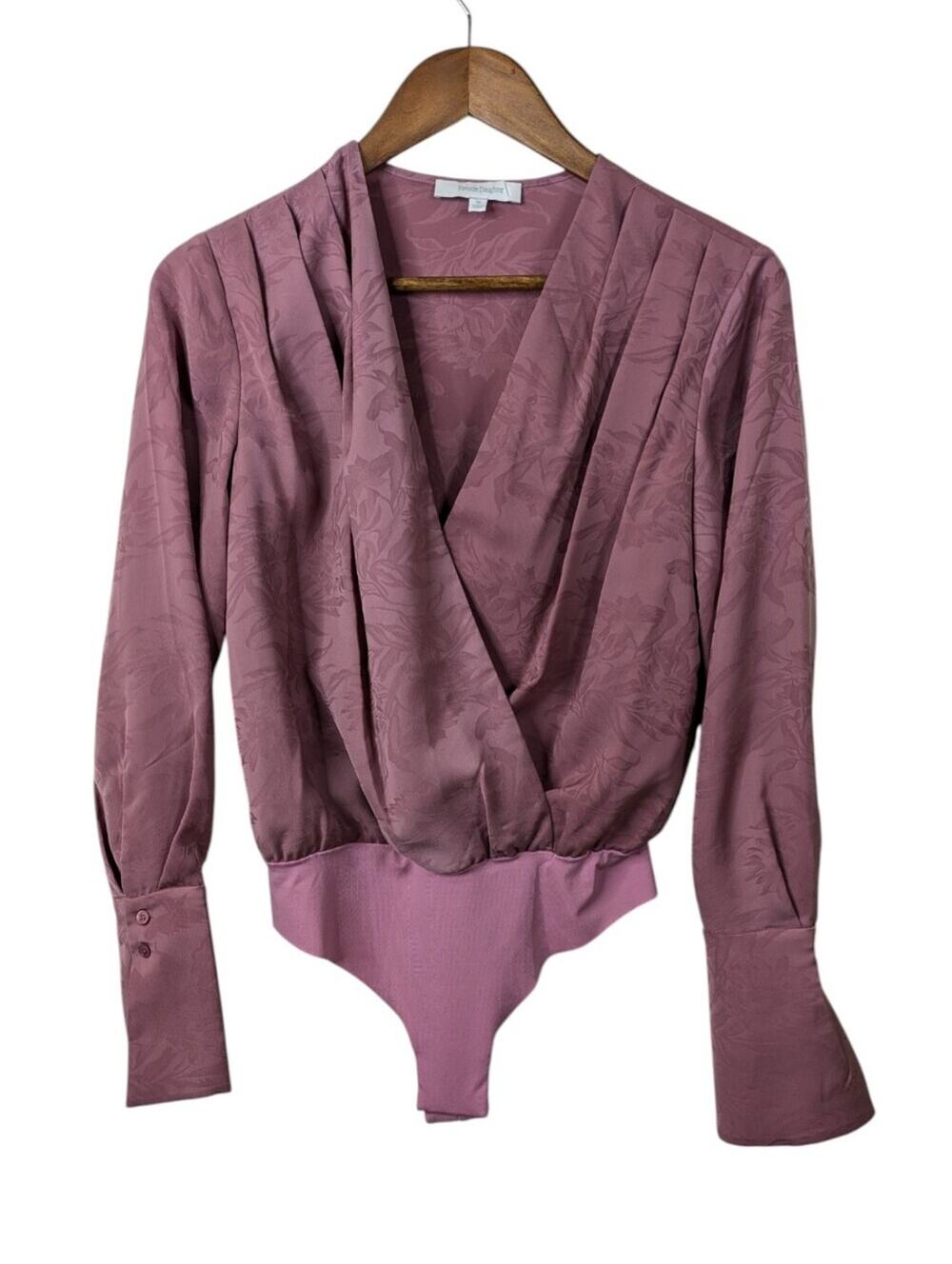 Favorite Daughter The Date Blouse Bodysuit Top XS Mauve Floral Draped Long Sleev